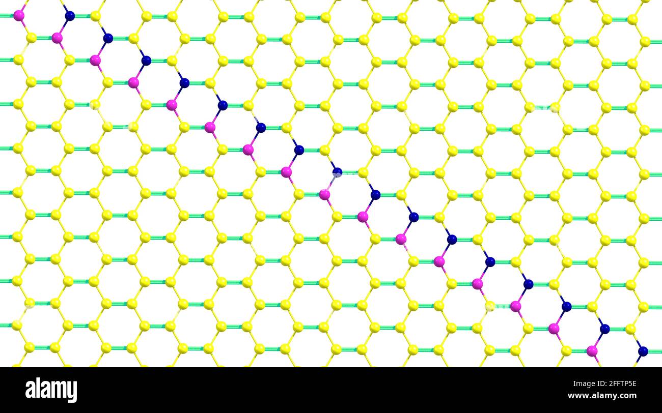 Il grafene è un allotrope di carbonio costituito da un singolo strato di atomi disposti in un reticolo a nido d'ape bidimensionale. illustrazione 3d Foto Stock