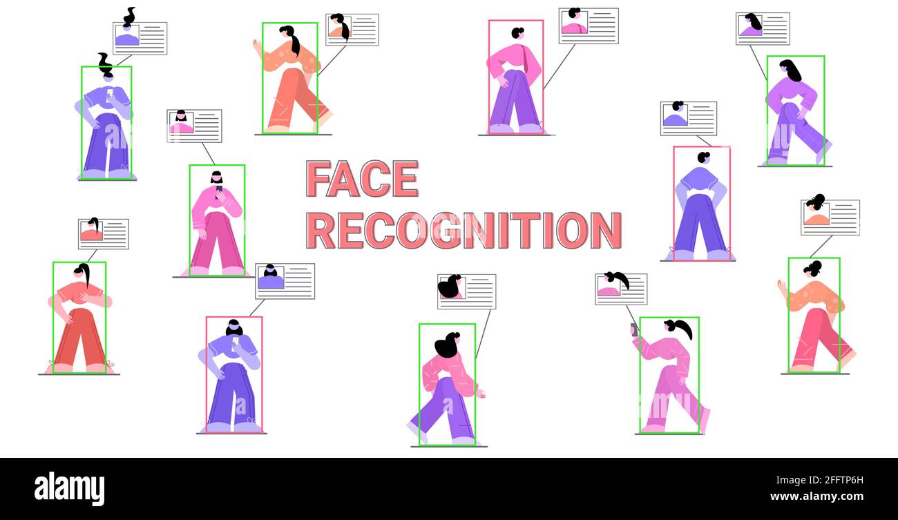 persone che utilizzano smartphone identificazione di verifica dell'identità facciale riconoscimento facciale personale accesso id Illustrazione Vettoriale