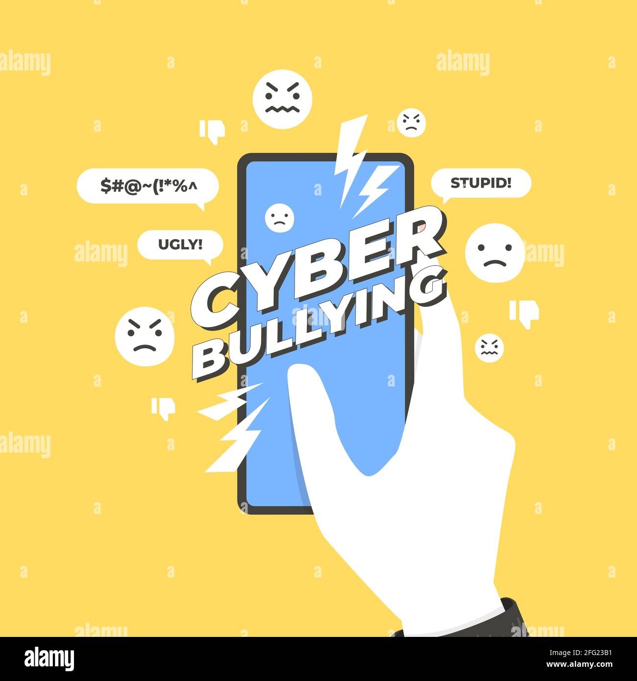 Concetto di bullismo informatico. Mani che tengono lo smartphone con il messaggio di cyber bullismo. Illustrazione Vettoriale