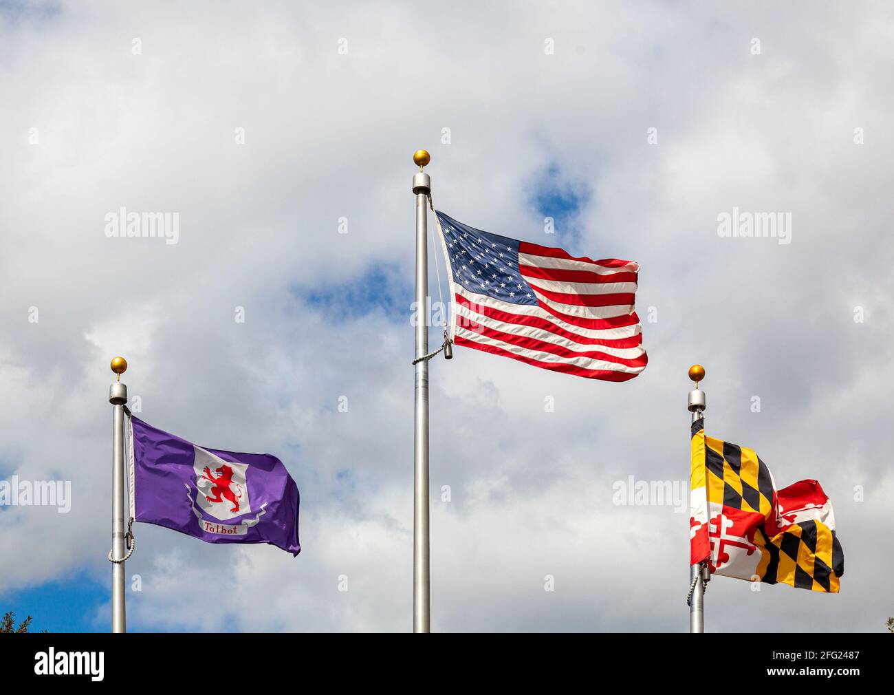 Le bandiere degli Stati Uniti, dello stato del Maryland e della contea di Talbot, MD, stanno sventolando insieme ai posti della bandiera in una giornata nuvolosa. Foto Stock