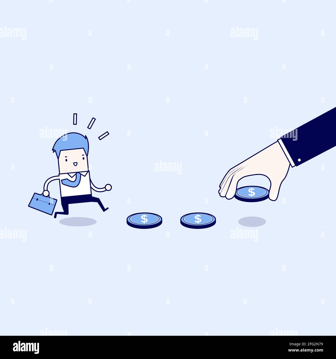 La mano di affari usa i soldi per attrarre l'uomo d'affari, l'esca o la presa finanziaria. Vettore stile linea sottile carattere cartoon. Illustrazione Vettoriale