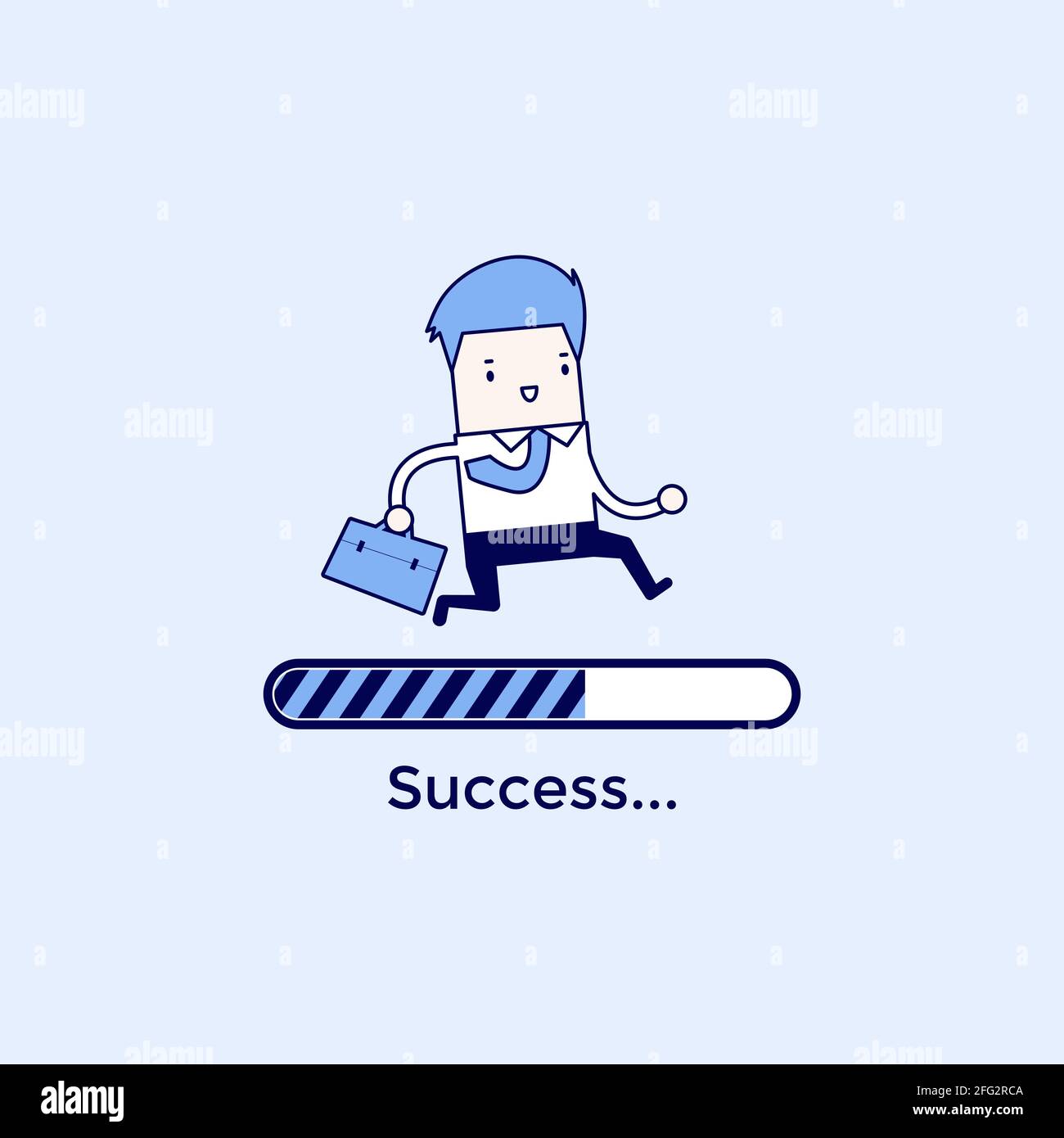 Businessman eseguire sulla barra di caricamento di avanzamento, concetto di successo. Vettore stile linea sottile carattere cartoon. Illustrazione Vettoriale