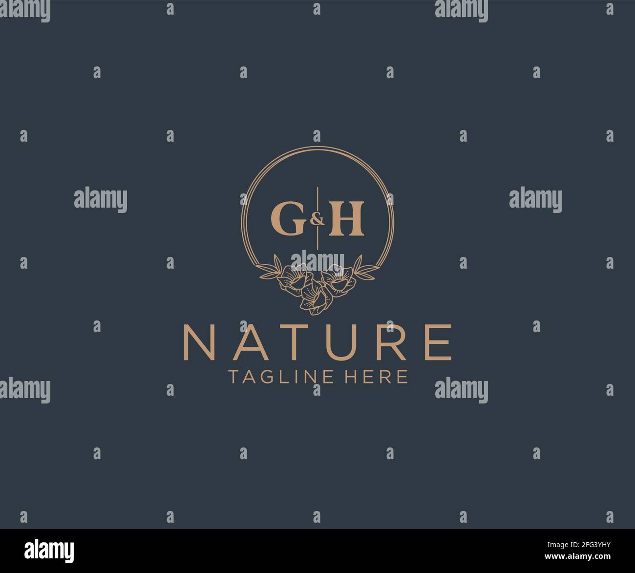 Cornici floreali con lettere GH. Decorazione monolina originale e modificabile, femminile e floreale per biglietti d'auguri, invito al matrimonio. Illustrazione Vettoriale