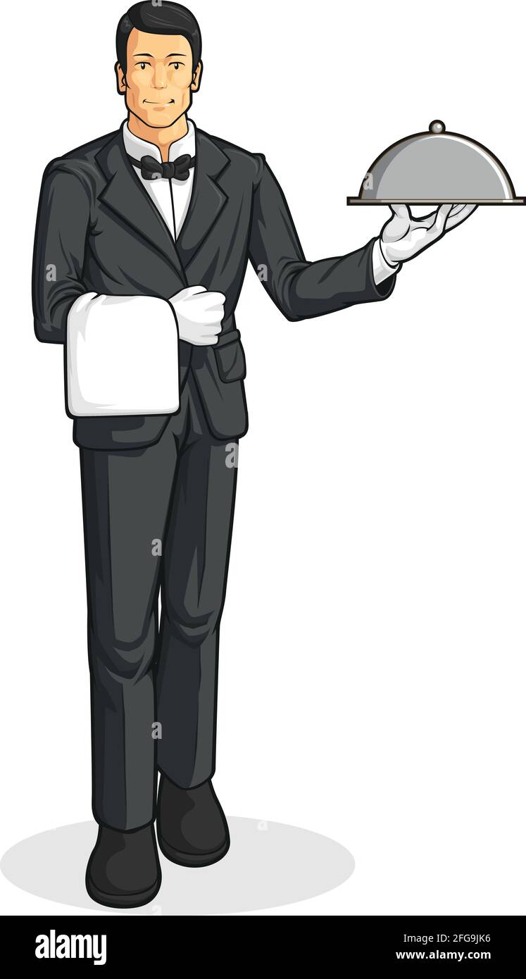 Cameriere del ristorante che tiene il vassoio di cibo d'argento Butler Cartoon disegno Illustrazione Vettoriale