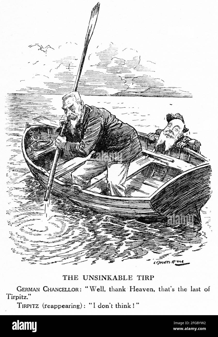 Incisione del naufragio del Tirpitz durante la prima guerra mondiale. Dalla rivista Punch. Foto Stock