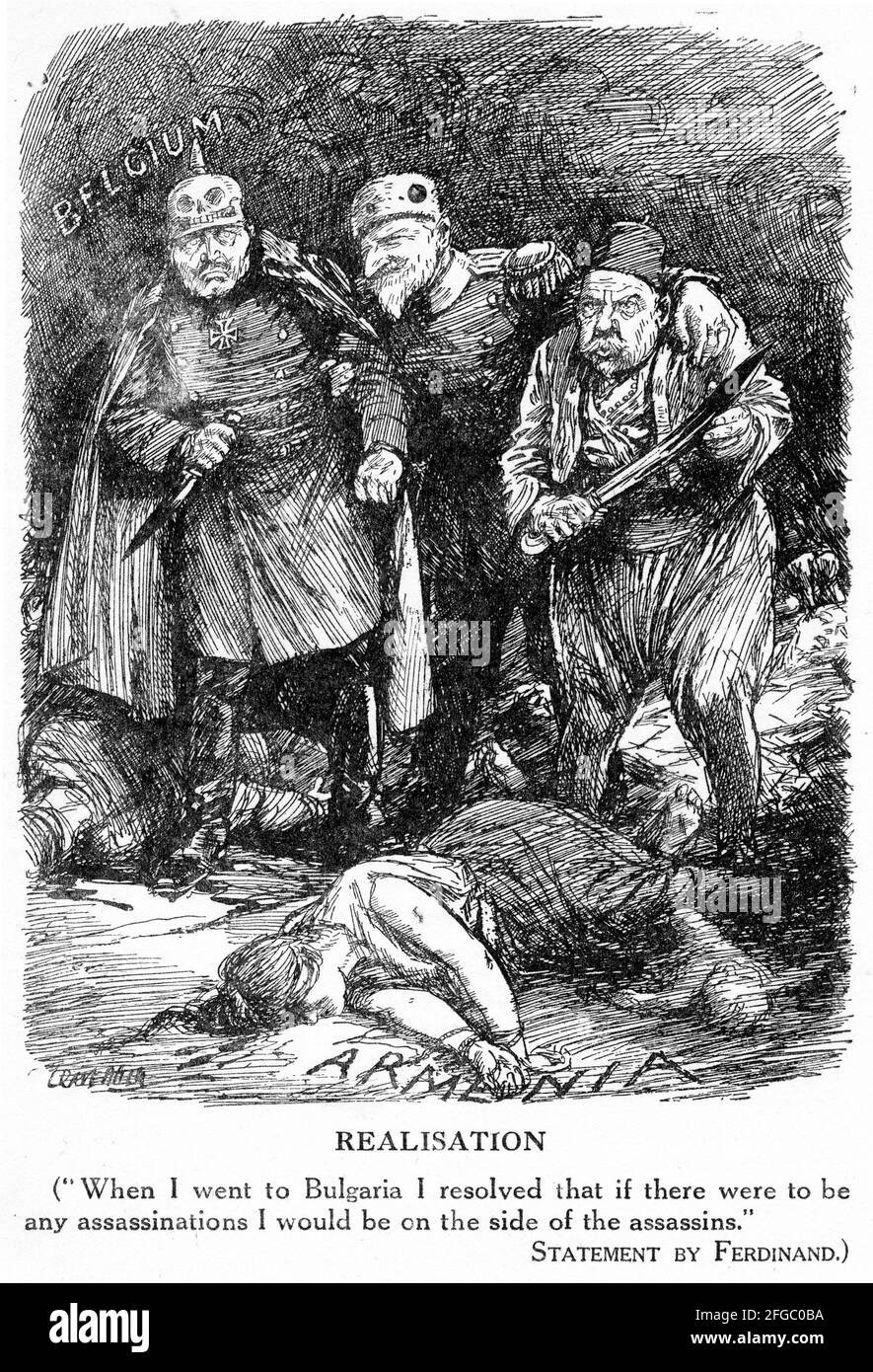 Incisione del Belgio e di altri paesi considerando chi è responsabile del massacro armeno durante la prima guerra mondiale. Dalla rivista Punch. Foto Stock