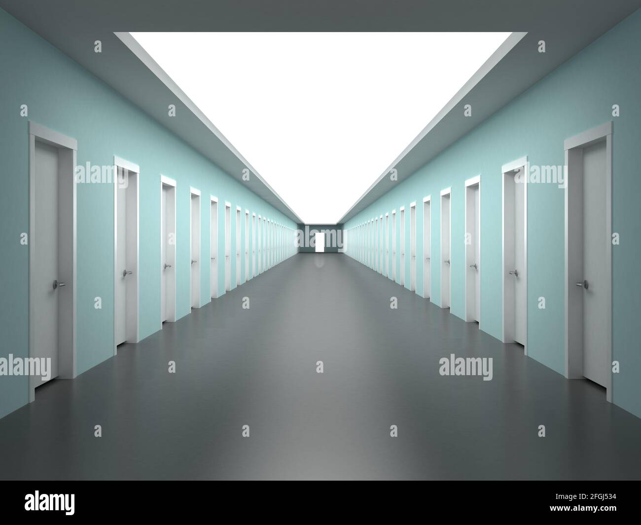 Corridoio in un edificio con la prospettiva di uffici infiniti Foto Stock