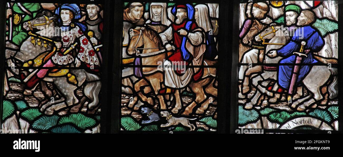 Una vetrata di F. H. Spear raffigurante scene dei Canterbury Tales, Chiesa di Sant'Andrea, Holt, Norfolk Foto Stock