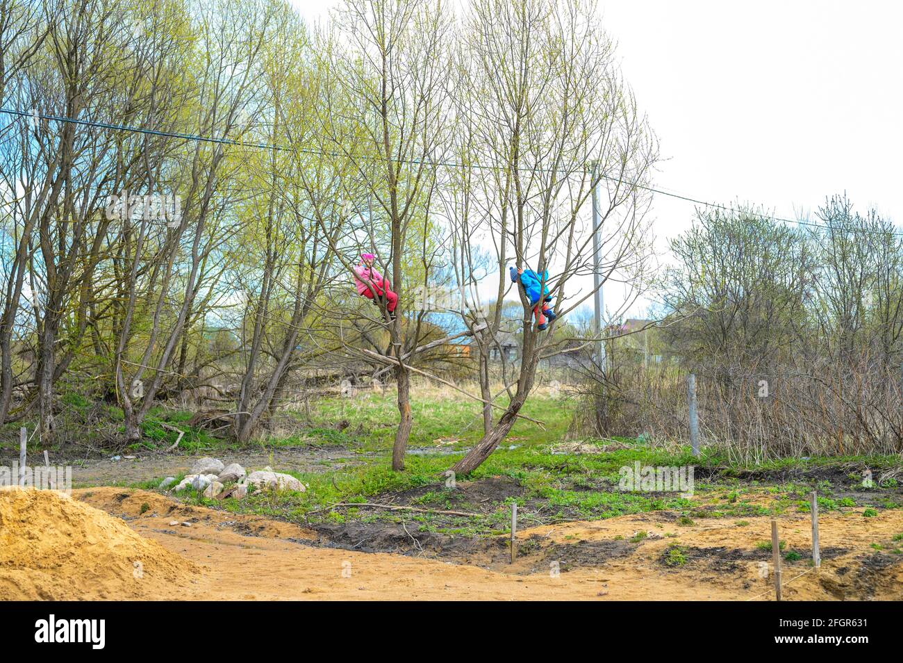 due bambini arrampicano gli alberi nel villaggio in primavera Foto Stock