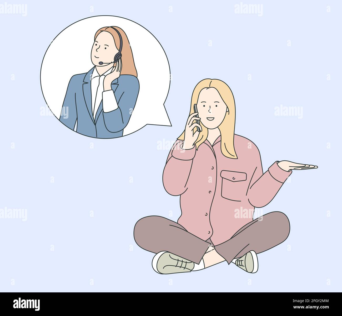 Assistenza clienti, call center, concetto di operatore telefonico. Donna conversazione mobile con supporto giovane donna operatore consulente con cuffia. Illustrazione Vettoriale