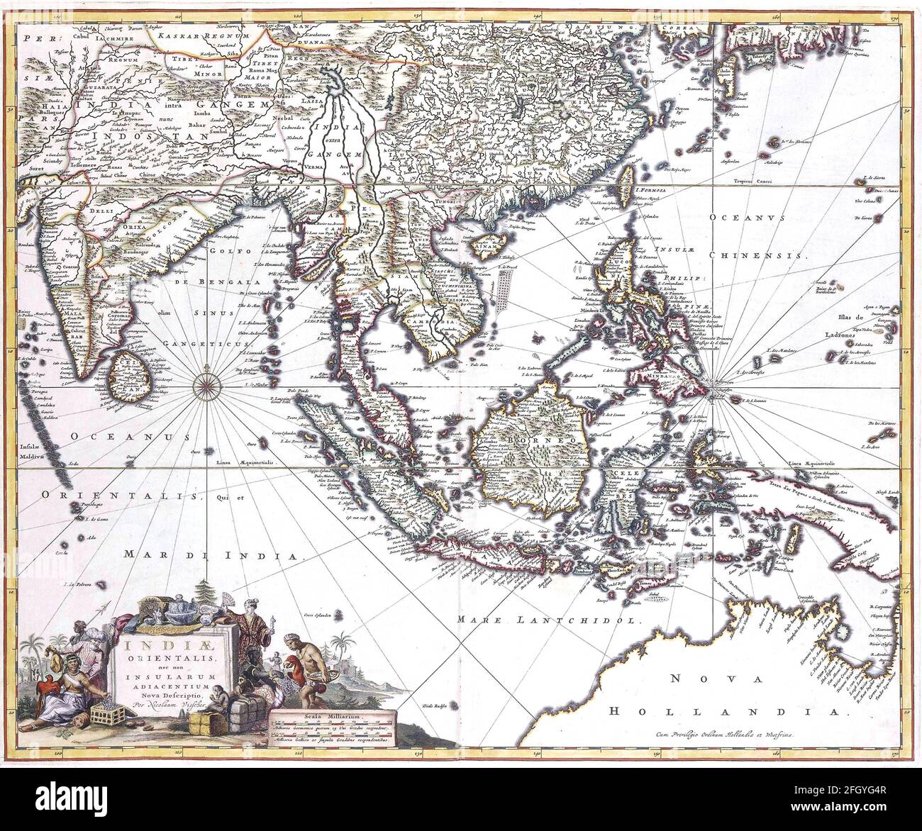 Carta di Visscher disegnata a mano d'epoca delle Indie Orientali del XVII secolo. Tutte le mappe sono splendidamente colorate e illustrate mostrando mondo conosciuto al momento. Foto Stock