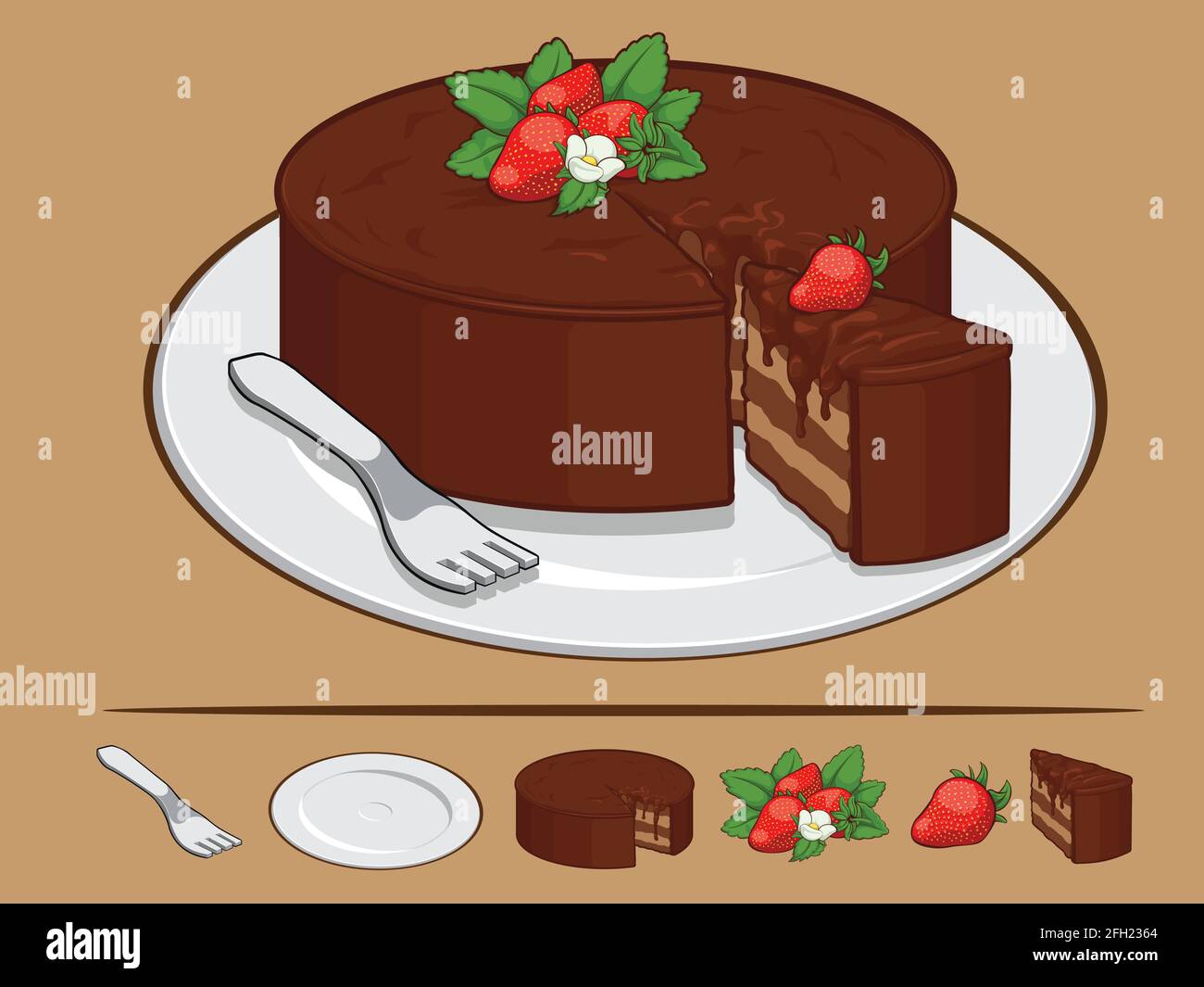 Black Forest cioccolato Sponge torta Cartoon Pasticceria illustrazione vettoriale Illustrazione Vettoriale