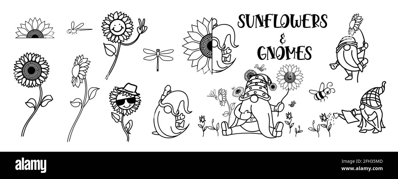Gnomi con girasole, gnomi estivi, disegno di gnomi con molte attività e girasole, elementi per l'estate, illustrazione vettoriale. Illustrazione Vettoriale