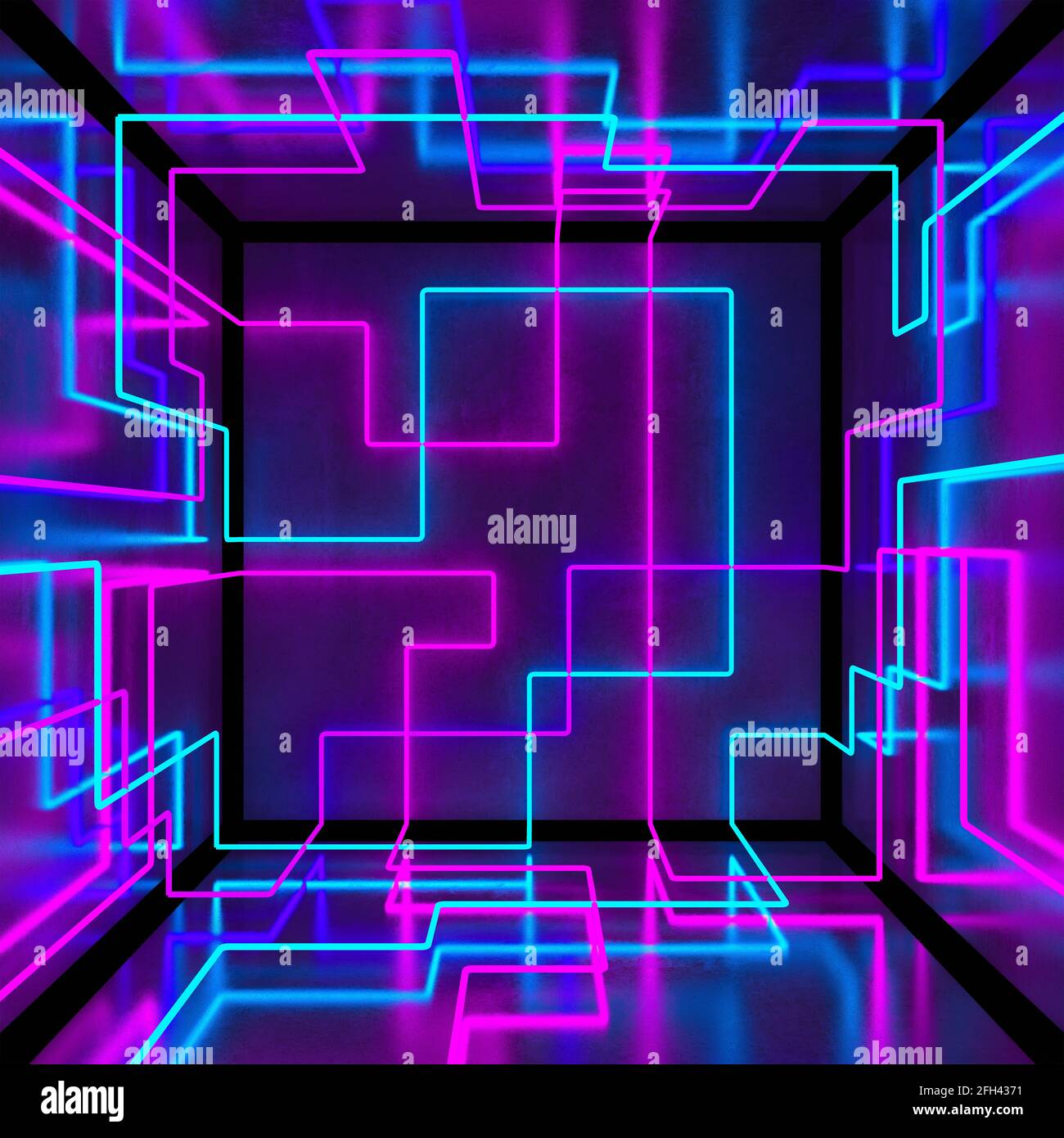 Sfondo astratto del riquadro cubo neon 3d. Camera oscura con parete in cemento, linee LED. illustrazione 3d Foto Stock