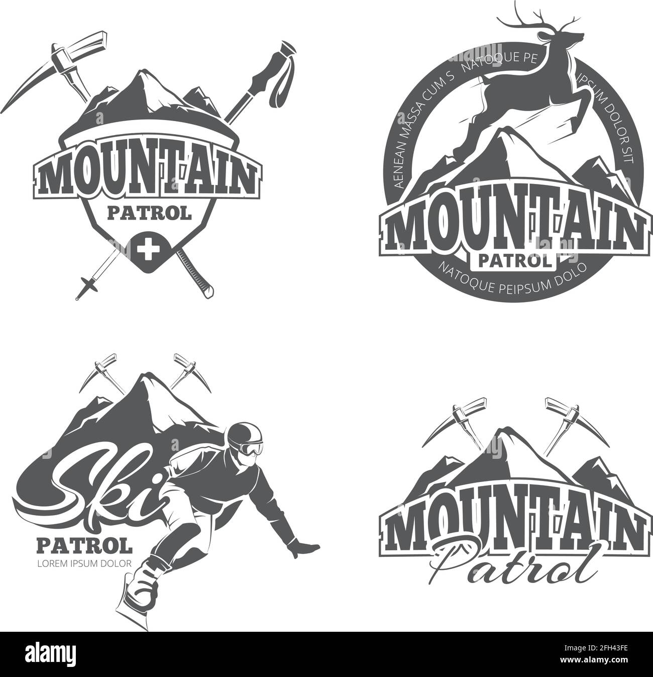 Emblemi vettoriali di pattuglia da sci d'epoca, etichette, badge, set di loghi. Badge pattuglia di montagna, pattuglia di montagna invernale, etichetta pattuglia di montagna, emblema m Illustrazione Vettoriale