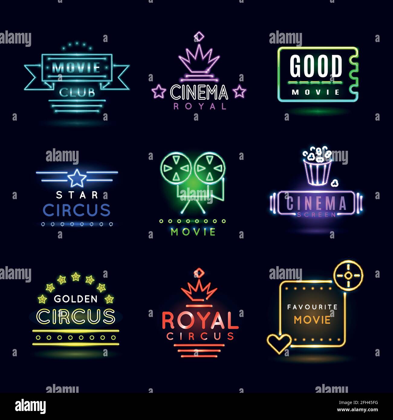 Circo al neon e emblemi cineografici o cineografici. Spettacolo cinematografico, tabellone luminoso, film di cinema banner, emblema di intrattenimento circo Illustrazione Vettoriale