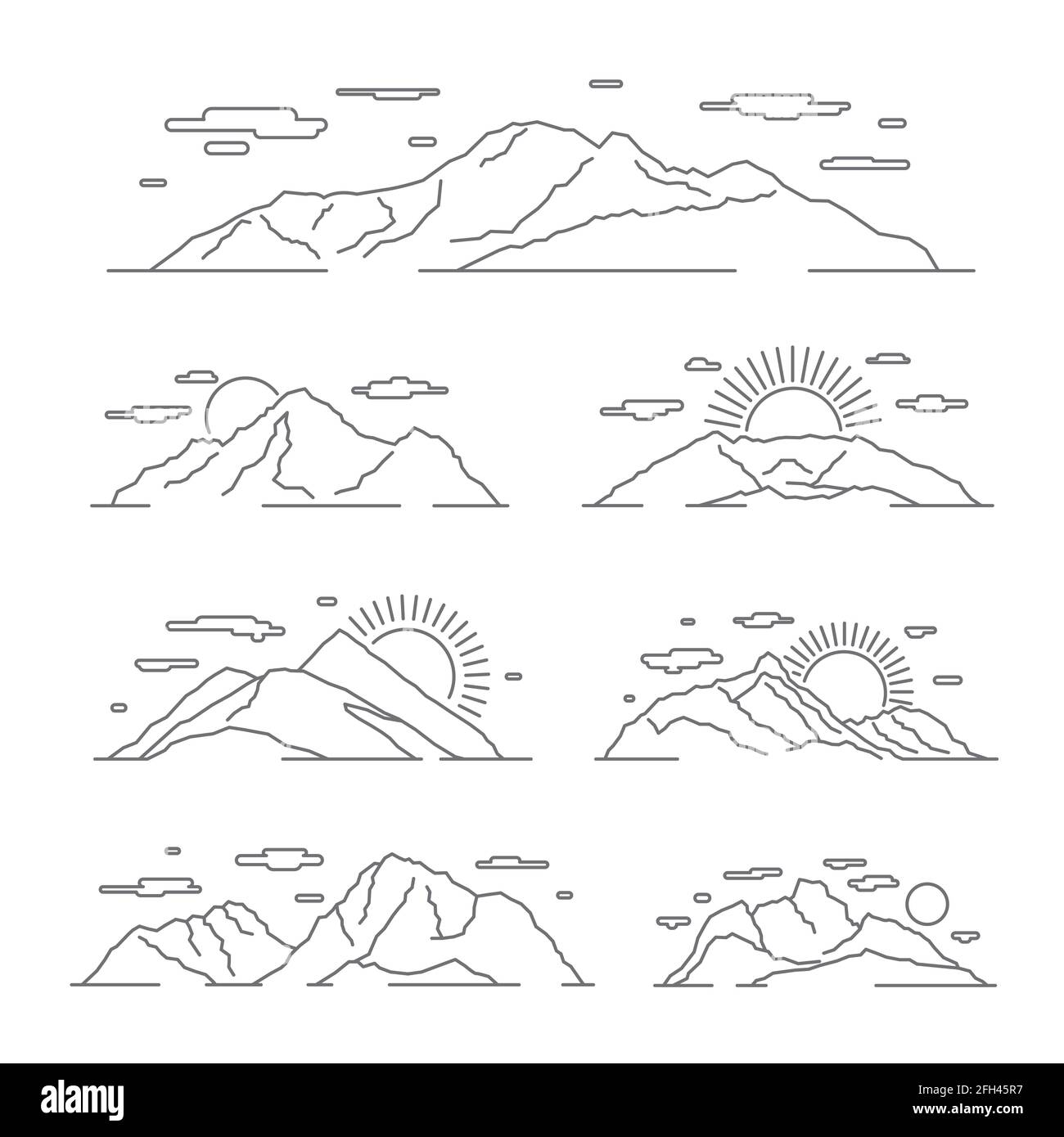 Illustrazione vettoriale delle montagne lineari. Linea montagna alpi paesaggio set. Paesaggio lineare con roccia di montagna Illustrazione Vettoriale