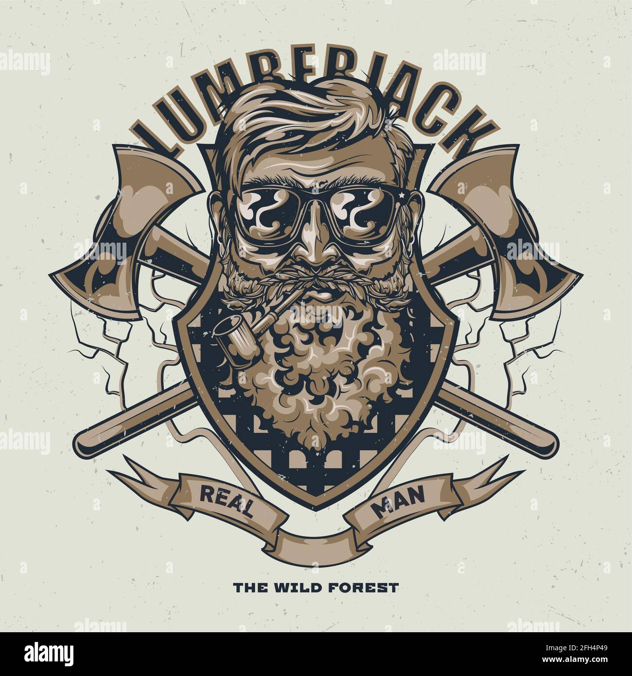 Il design dell'etichetta della t-shirt Lumberjack con illustrazione dell'uomo con la bearded vetri a due assi Illustrazione Vettoriale