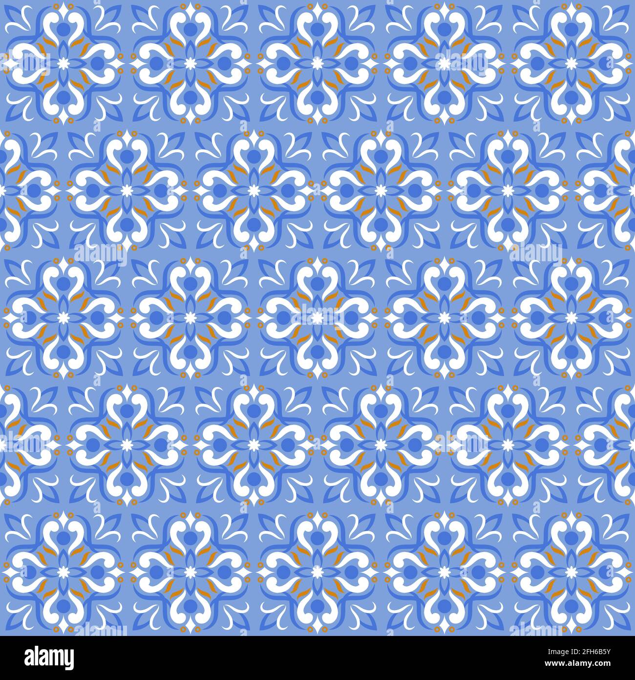 Stampa tegola o tessitura ceramica motivo vettoriale blu a mosaico senza cuciture. Tegola di sfondo vintage su illustrazione floreale stile Illustrazione Vettoriale