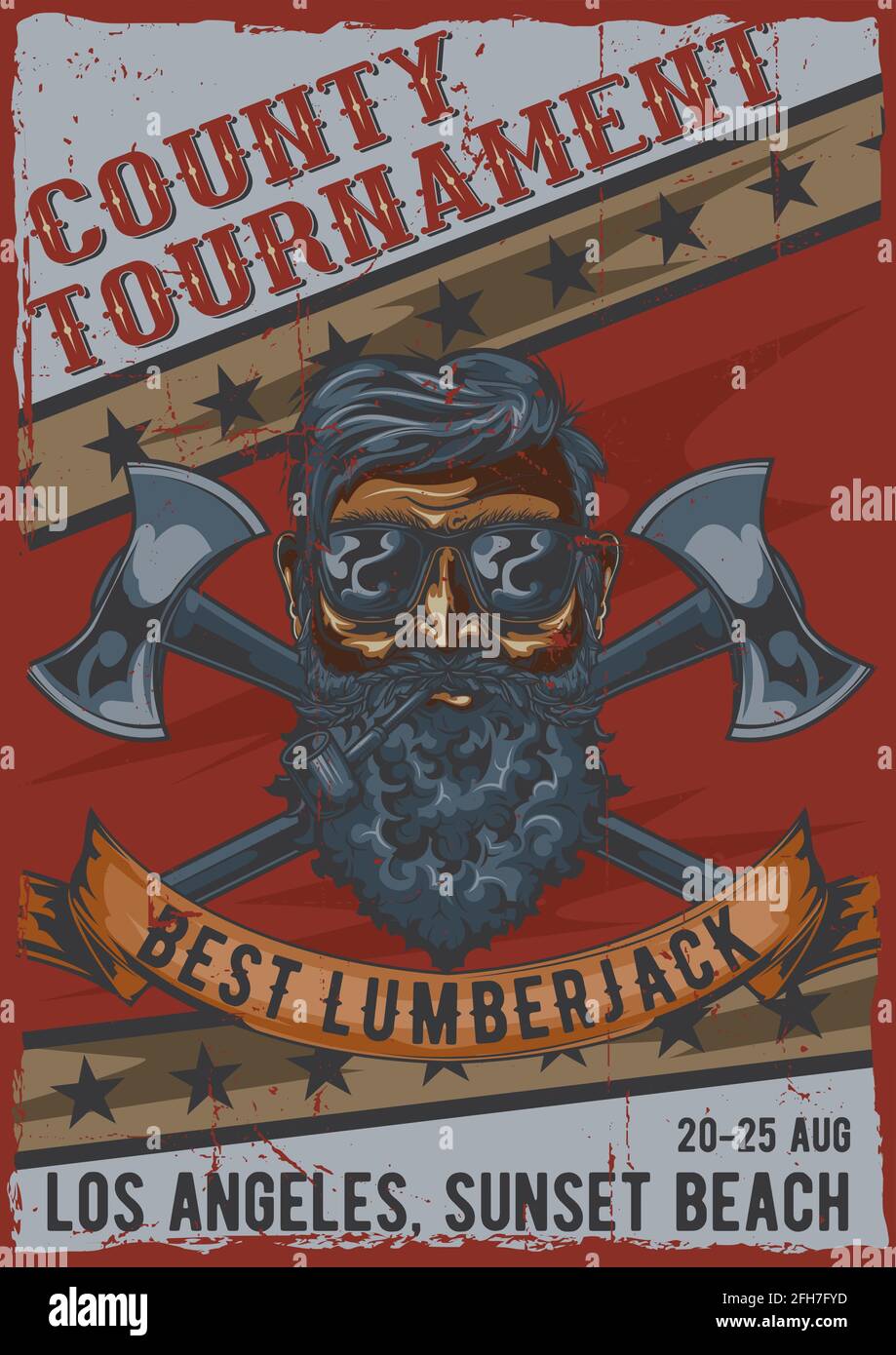 Lumberjackvintage poster design con illustrazione di uomo bearded in occhiali con due assi Illustrazione Vettoriale