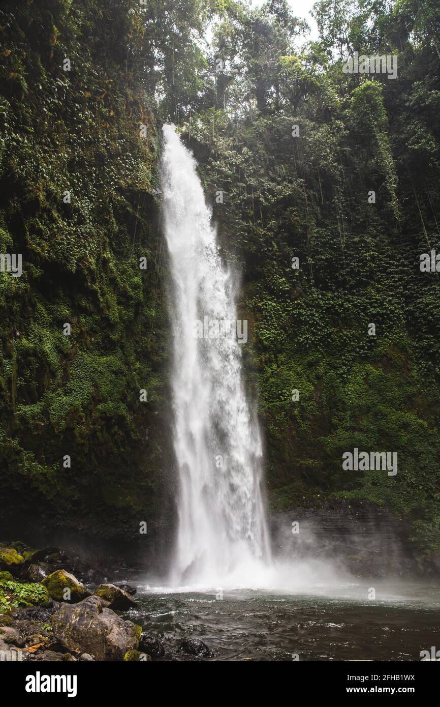 Incredibile vista della potente cascata che cade dalla ruvida scogliera rigida nel parco tropicale Foto Stock