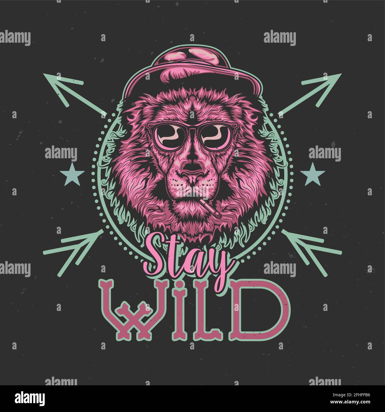 T-shirt o poster con illustrazione del leone fumante in un cappello e bicchieri Illustrazione Vettoriale