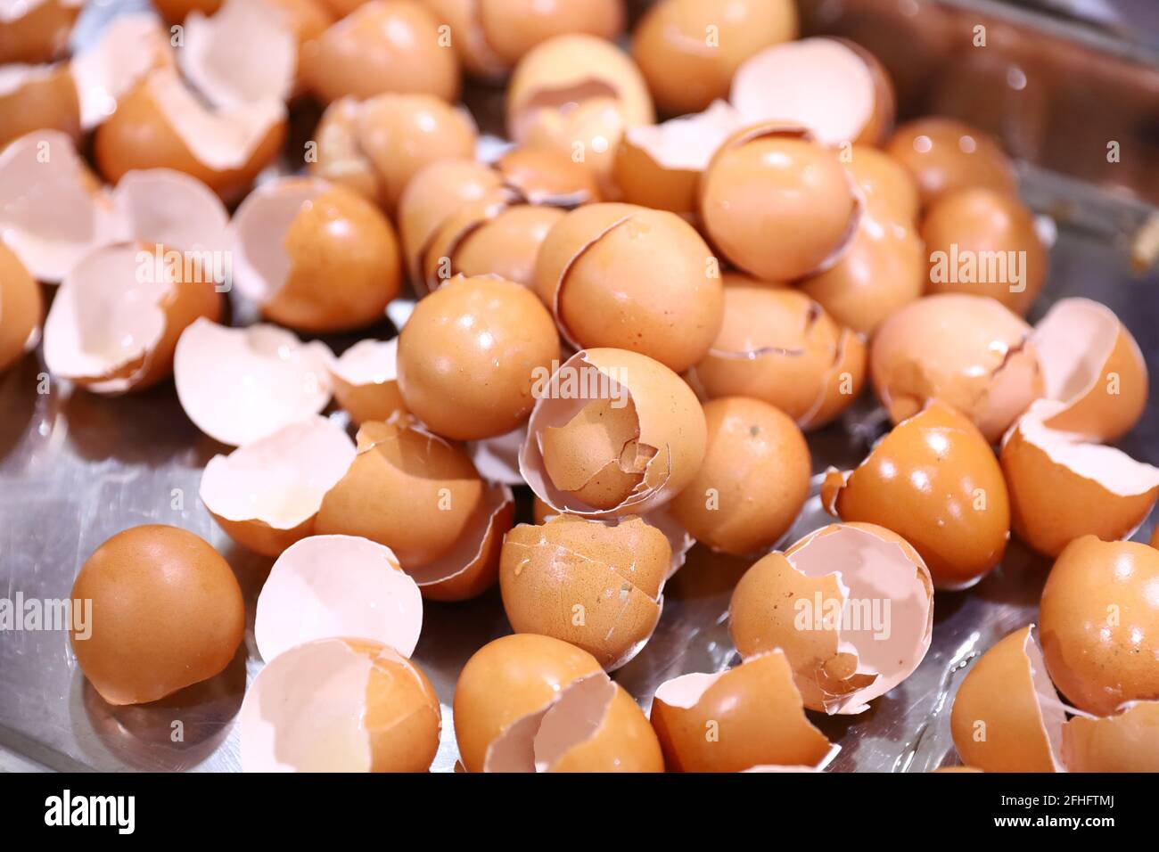 Raccolta di frammenti di gusci di pollo su vassoio in acciaio inox, rifiuti da cucina, fonte di calcio naturale alternativa dalla natura Foto Stock