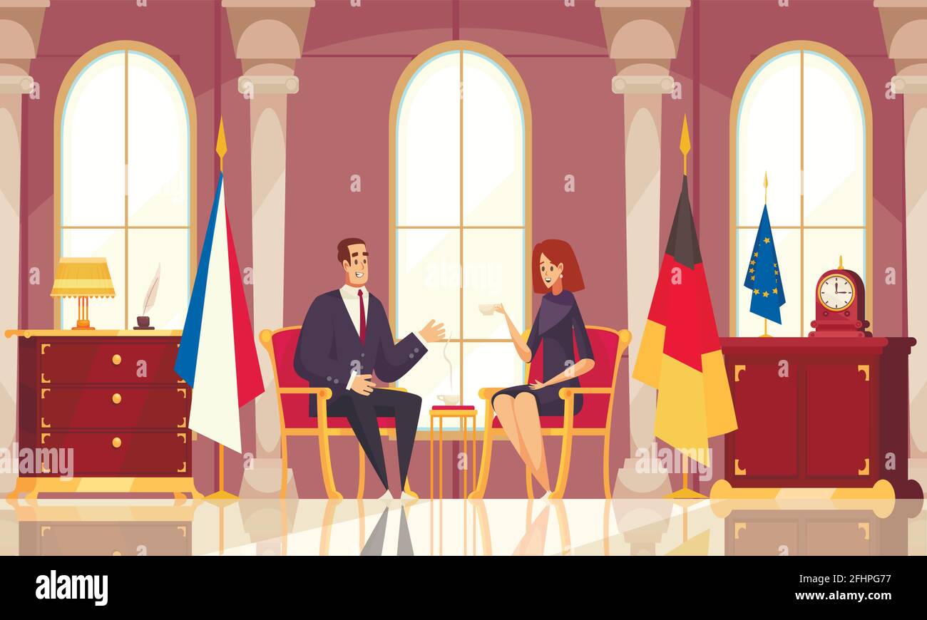 Presidential caffè conversazione composizione piatta con ufficio negoziati interni con rappresentante diplomatico estero bandiere di stato vettore illustra Illustrazione Vettoriale