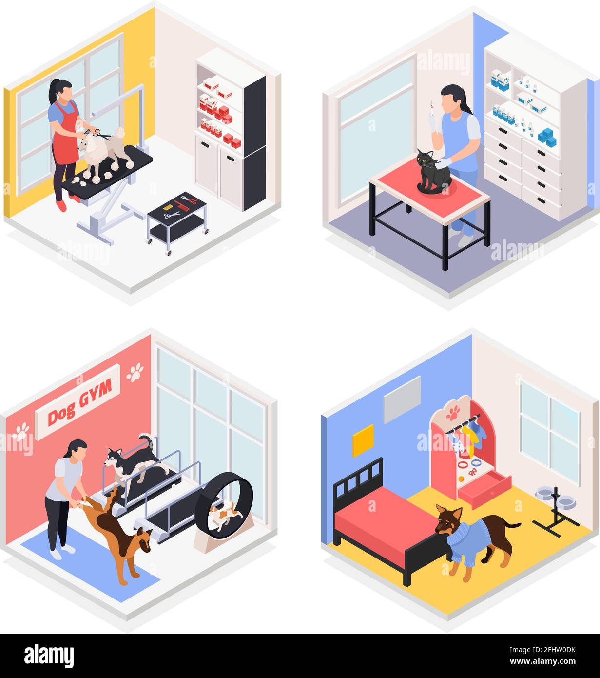 Servizi per animali domestici concept 4 composizioni isometriche con palestra per cani salone veterinario day care center illustrazione vettoriale Illustrazione Vettoriale