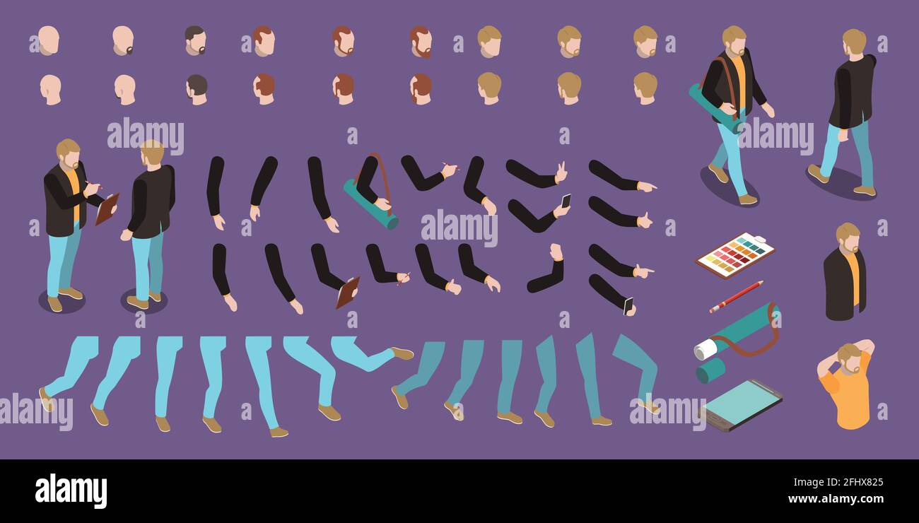 Set isometrico di parti del corpo e accessori per ingegnere maschile illustrazione vettoriale isolata 3d del costruttore di caratteri Illustrazione Vettoriale