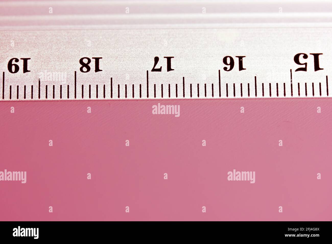 Righello metallico primo piano su sfondo rosa. Vista dall'alto di un  semplice righello con centimetri, millimetri, unità di misura della  lunghezza. Attrezzatura f Foto stock - Alamy