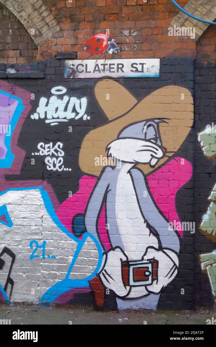 Graffiti e arte di strada in Brick Lane, East London, Regno Unito Foto Stock