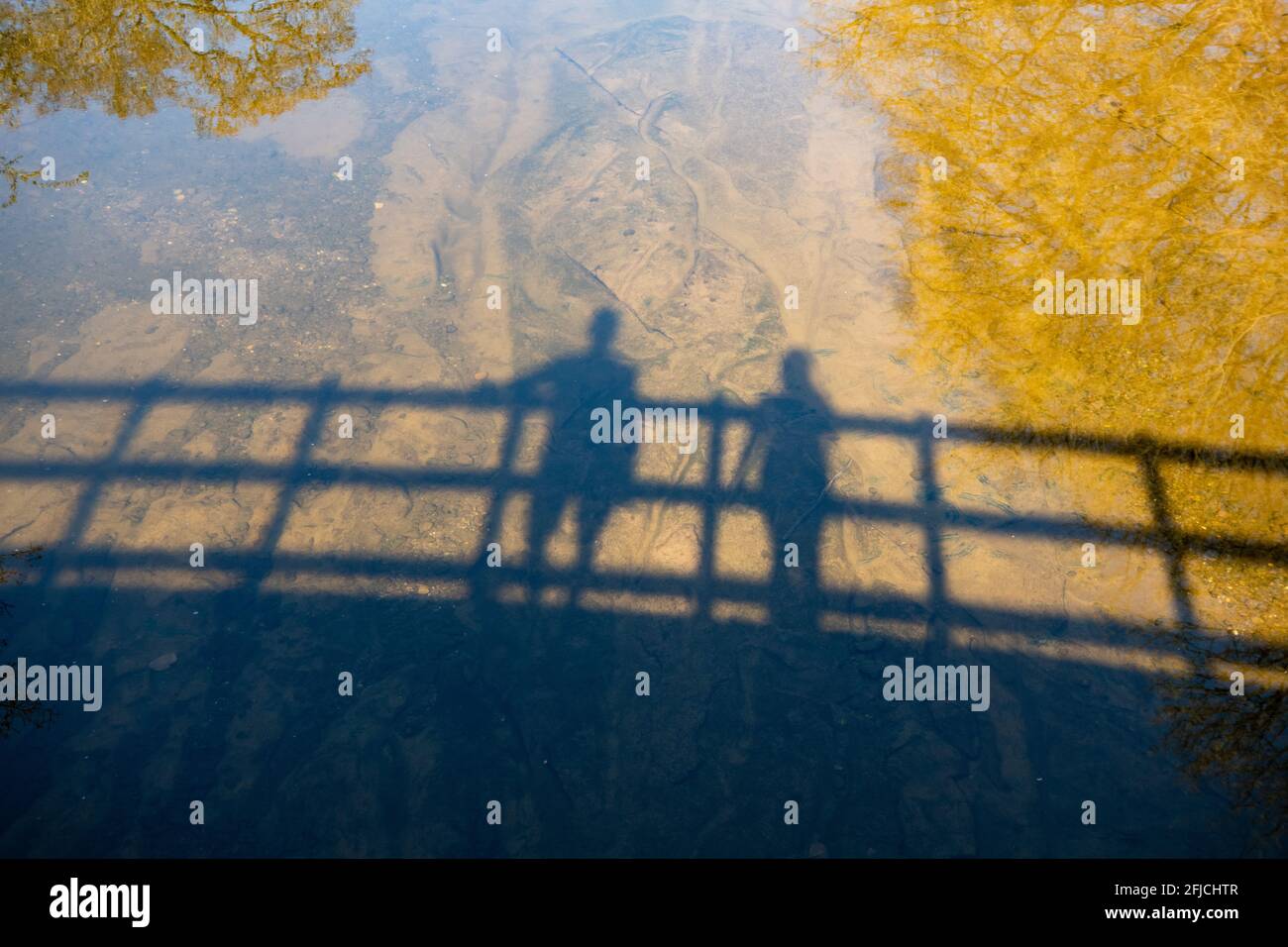 Ombre di due figure su un ponte nel fiume con riflessi di alberi - Scozia, Regno Unito Foto Stock