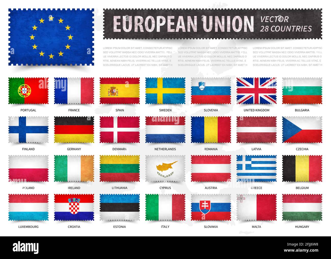 Unione europea . UE . E bandiera del paese membro . Forma del timbro con grana della carta . Sfondo bianco isolato con mappa europea . Vettore elemento Illustrazione Vettoriale