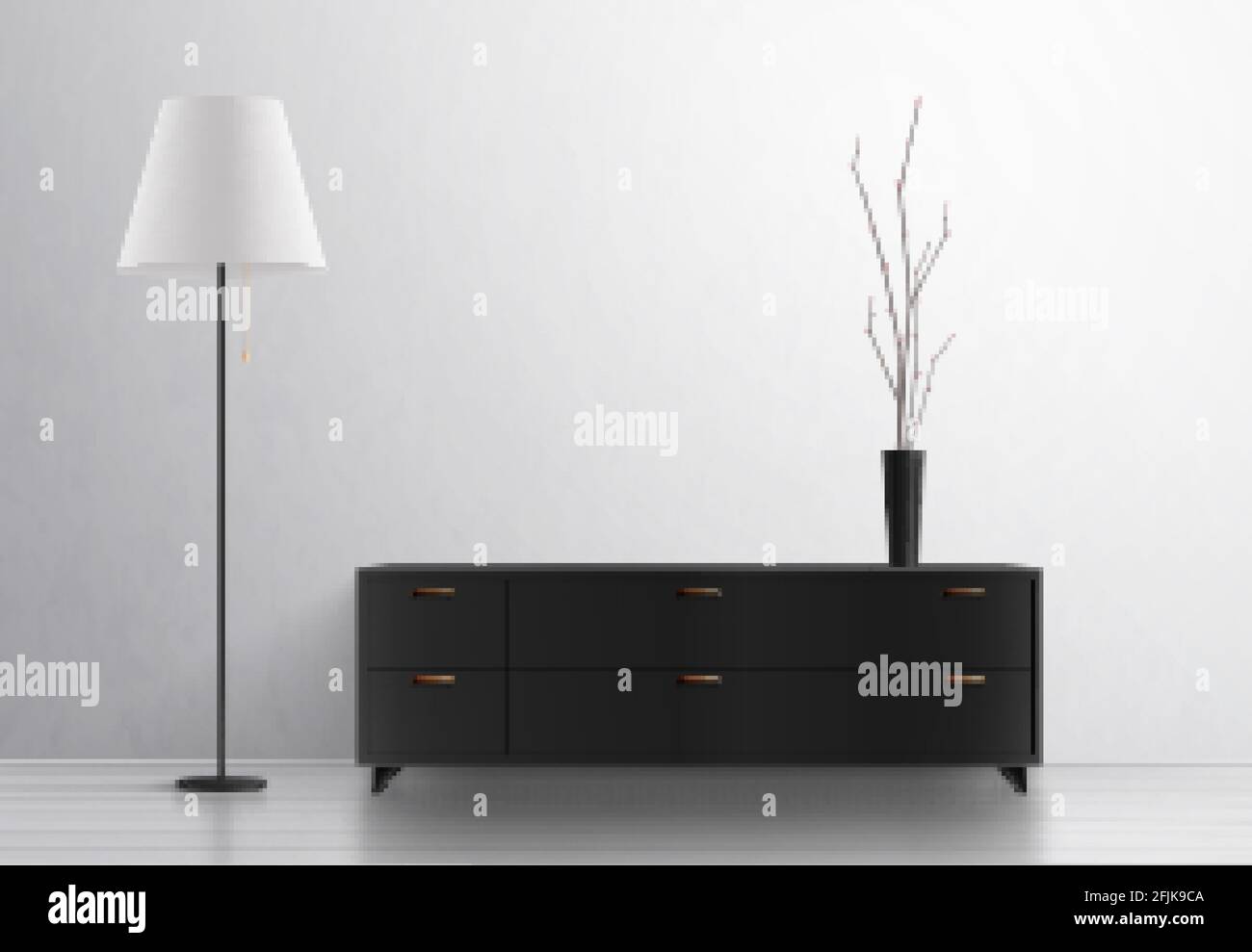 Illuminazione casa lampada interna composizione realistica con mobili di design e. vaso con lampada da tavolo e armadietto con illustrazione vettoriale Illustrazione Vettoriale