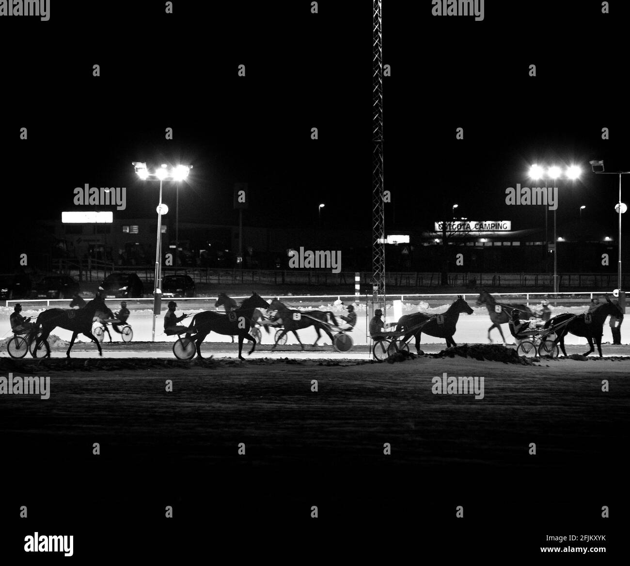 Trotto cavalli sulla pista da trotto di Mantorp. Foto Stock