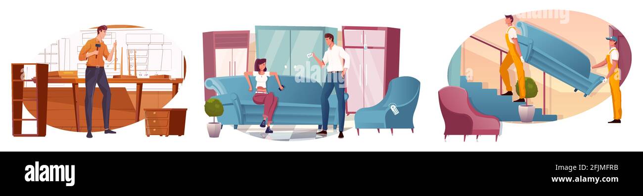 Set di composizione con negozio di mobili per falegnami e due uomini che consegnano immagine vettoriale isolata piatta del divano Illustrazione Vettoriale