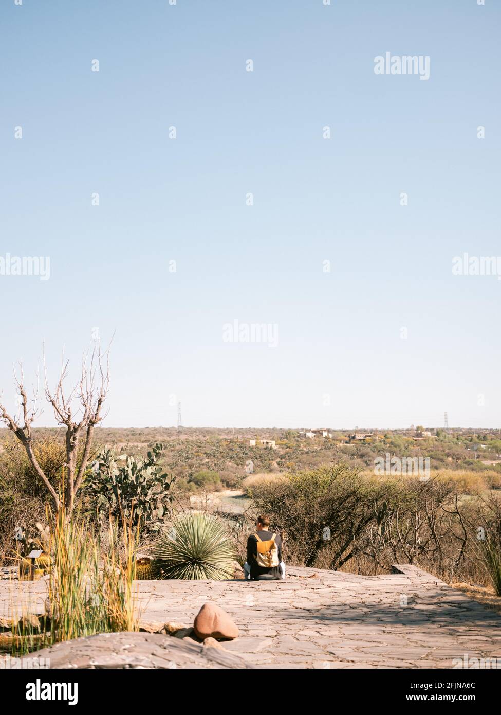 Uomo in viaggio seduto nel giardino botanico di San Miguel de Allende in Messico. Cactus, piante tropicali e un clima desertico. Foto Stock