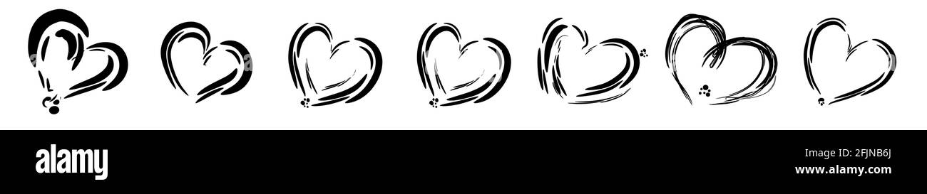 Set di sette sagome disegnate a mano con i cuori dell'inchiostro, eps10 vettoriale illustrato isolato su sfondo bianco. Illustrazione Vettoriale
