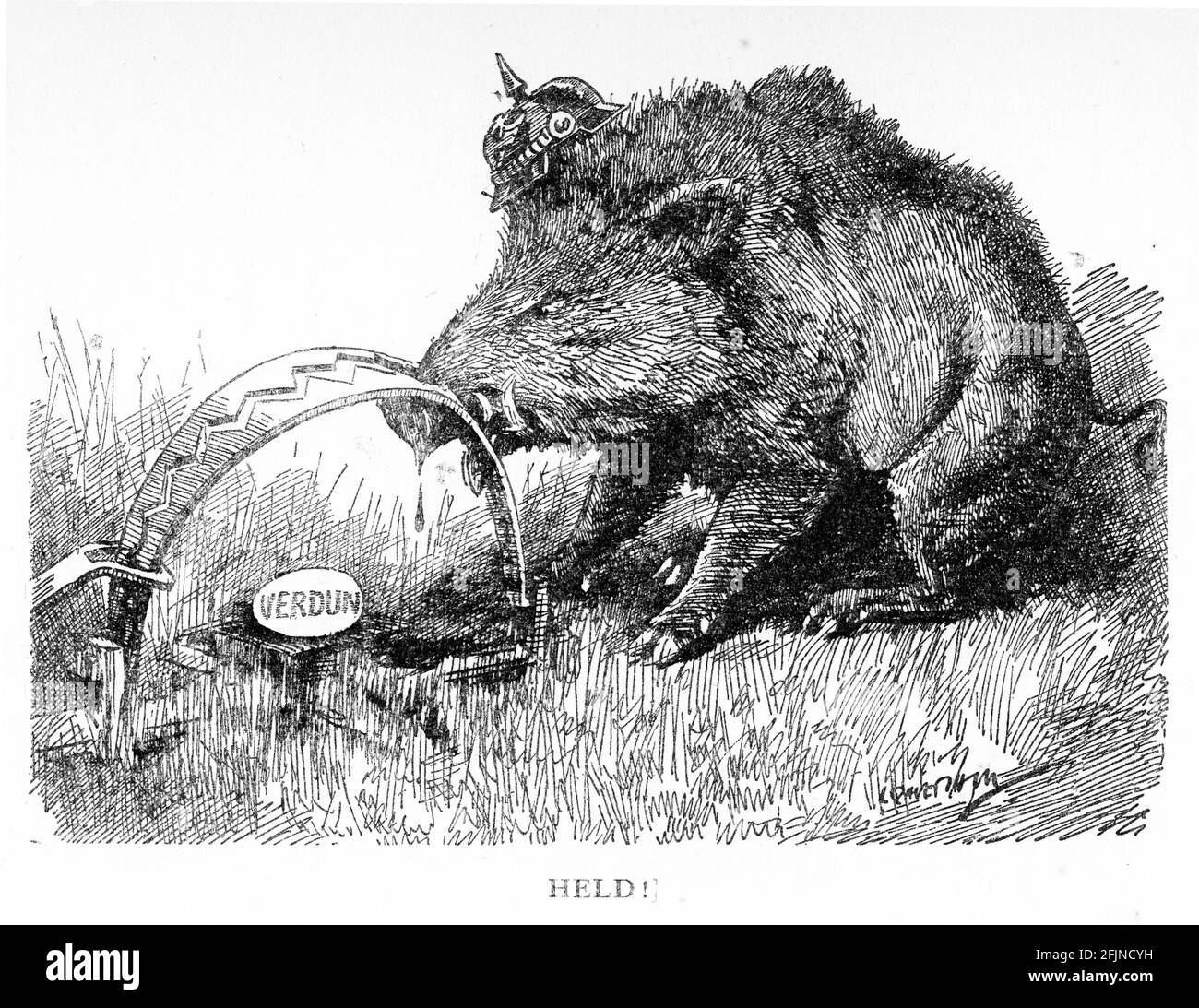Incisione della Germania intrappolata a Verdun durante la prima guerra mondiale. Dalla rivista Punch. Foto Stock