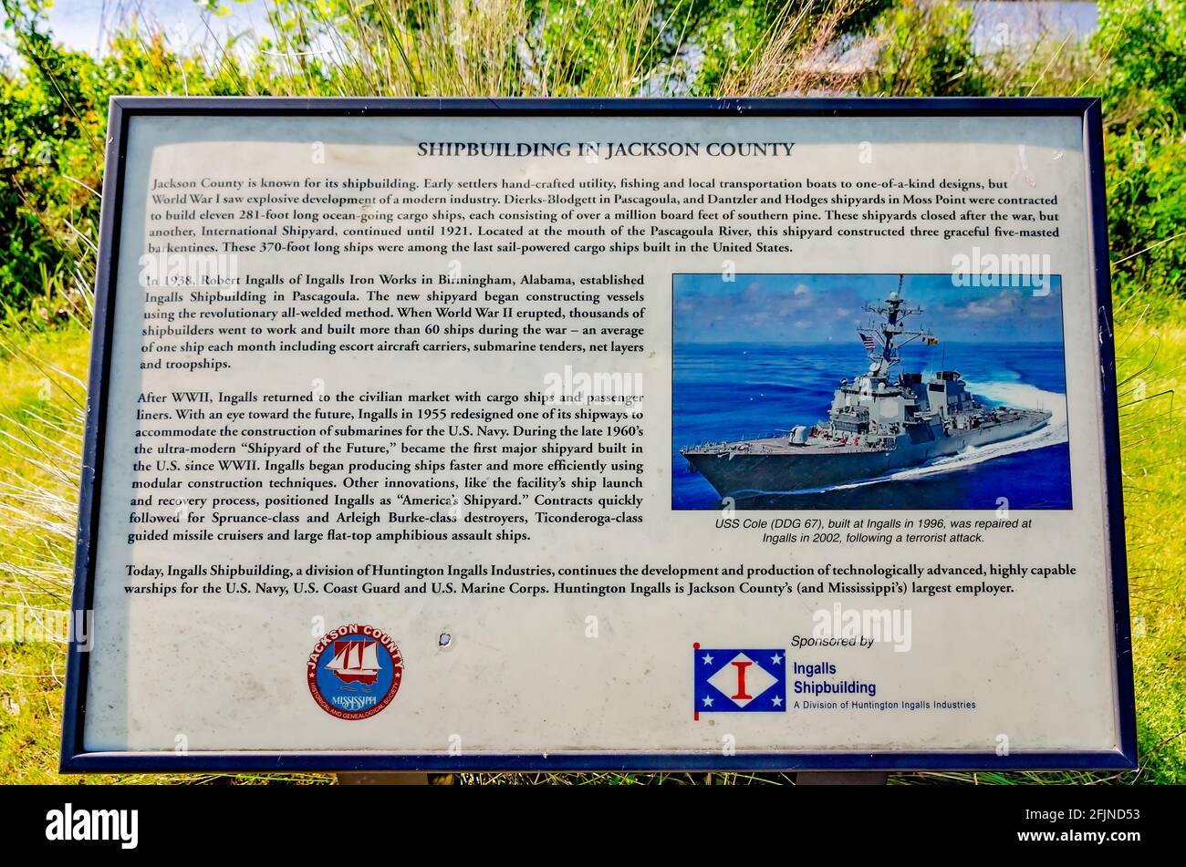 Una mostra di Huntington Ingalls a Point Park fornisce informazioni sul ruolo della contea di Jackson nella storia della costruzione navale a Pascagoula, Mississippi. Foto Stock