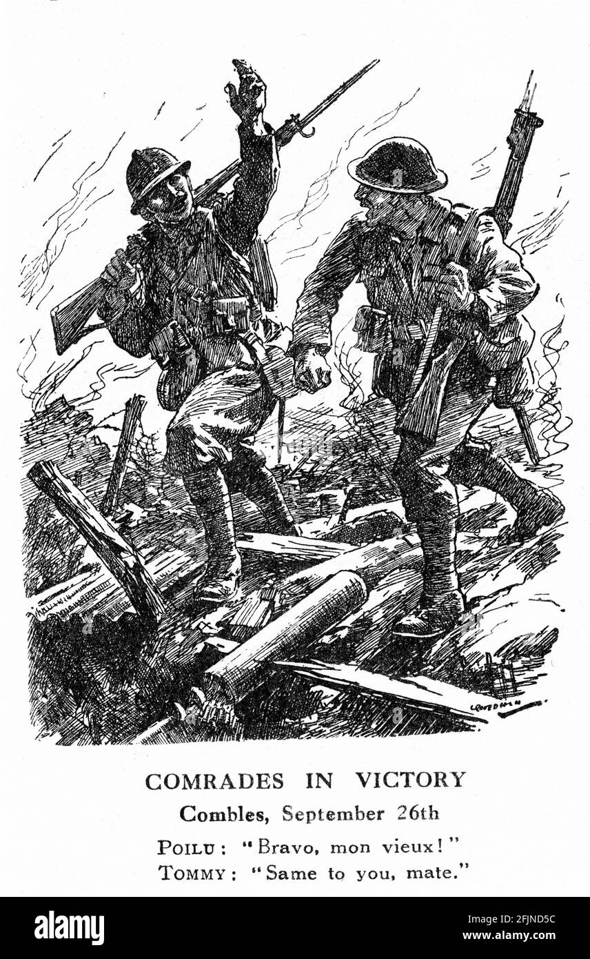 Incisione di un soldato britannico e francese che si congratulano l'uno con l'altro dopo una battaglia vittoriosa durante la prima guerra mondiale. Dalla rivista Punch. Foto Stock