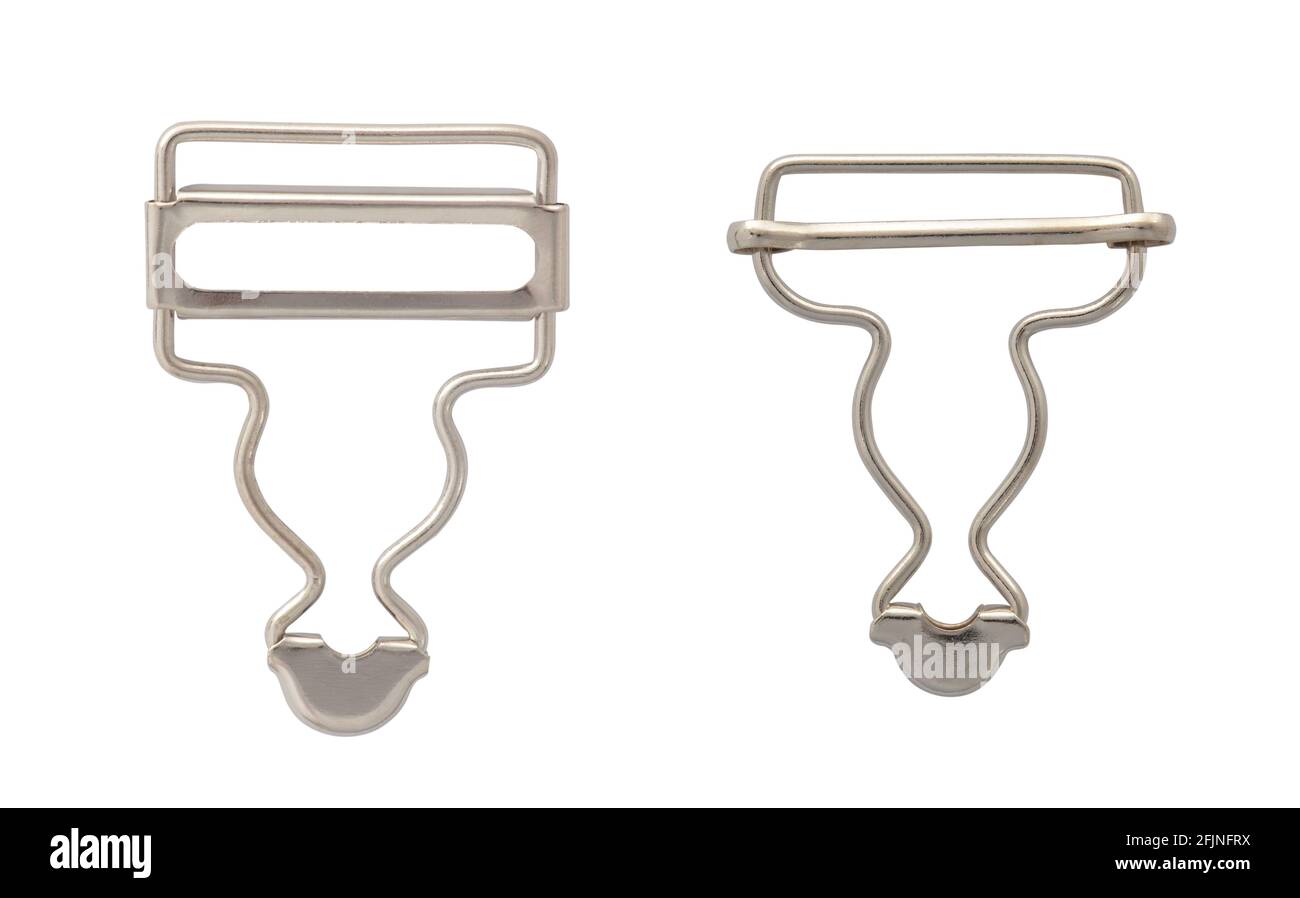 Fibbie e rivetti vintage, catena moschettone in metallo isolata su sfondo bianco. Accessori per aberdery per ganci a scatto con clip girevole per cinghia per borsa Foto Stock