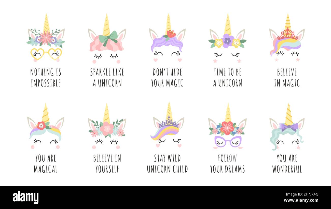Citazioni Unicorn. Cavallo magico fata con corno volti e frase motivazionale. Ragazza stampa con slogan seguire i tuoi sogni e credere vettore insieme Illustrazione Vettoriale