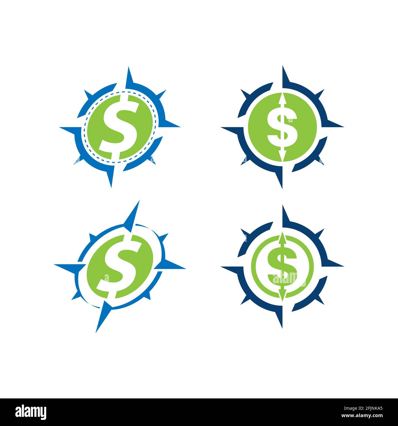 Icona della bussola con simbolo del dollaro. Borsa mondiale. Logo di business e trasferimenti di denaro. Grafica vettoriale stock.EPS10 Illustrazione Vettoriale