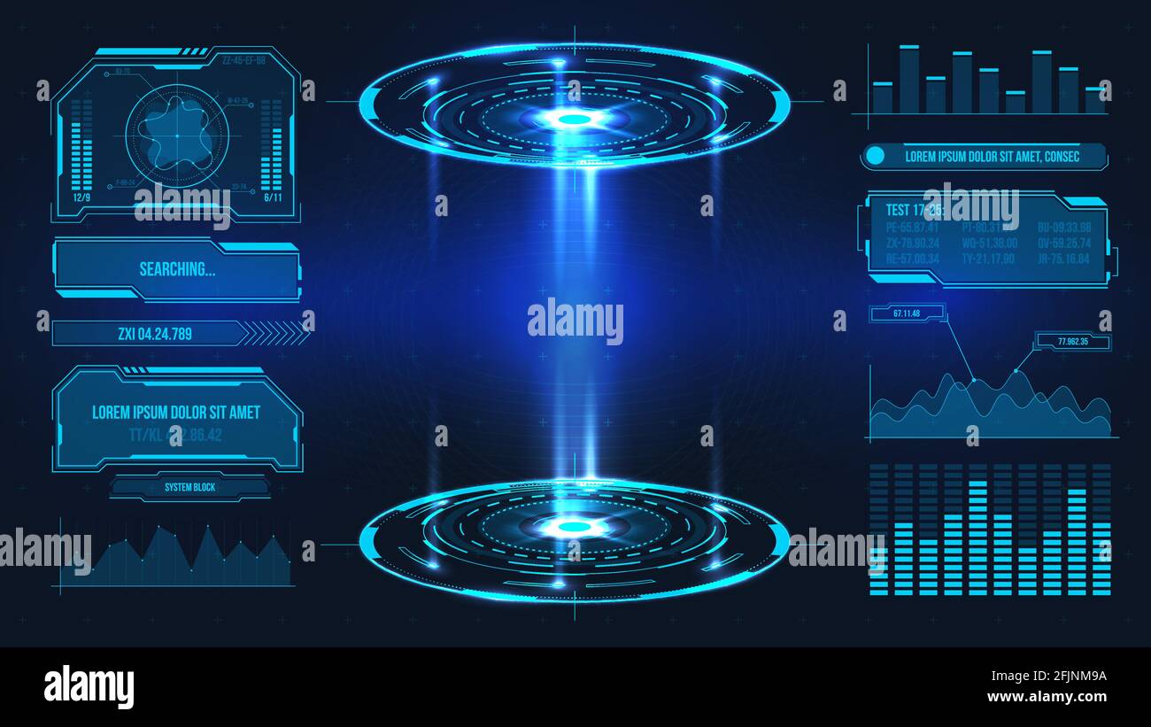 Piattaforma futuristica. Ologramma podio e grafici e cornici digitali per stand di prodotto o interfaccia utente di gioco. Fase vettoriale sci fi tecnologica del futuro Illustrazione Vettoriale