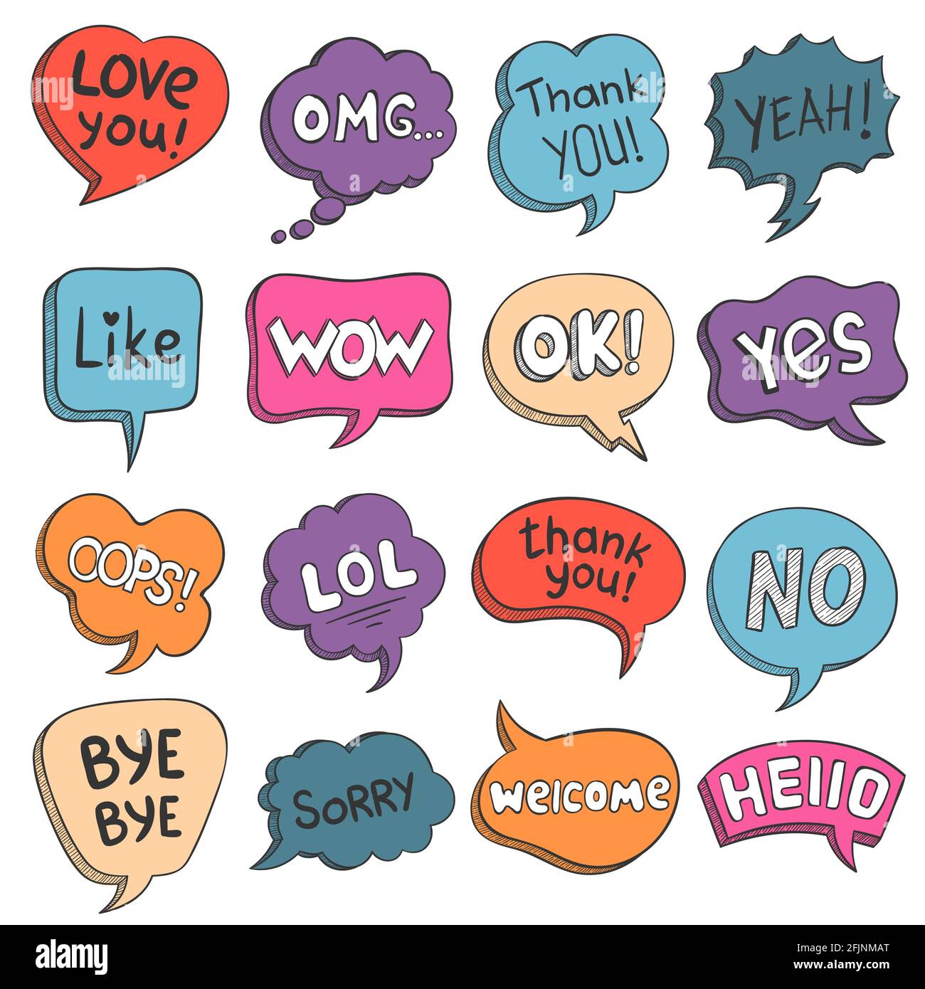 Bolle del parlato. Fumetti colorati doodle con frasi di parlare grazie, amore, come, ciao e omg. Insieme di vettori di fumetti di testo del messaggio cartoon Illustrazione Vettoriale