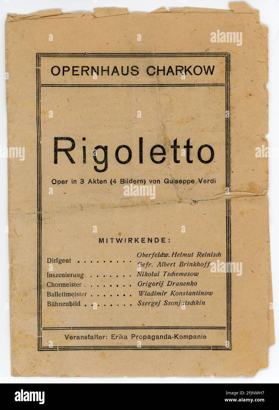 Programmer einer Aufführung der Verdi-Oper Rigoletto im Opernhaus Charkow während der Besetzung durch die deutsche Wehrmacht, vermutlich 1942 Foto Stock