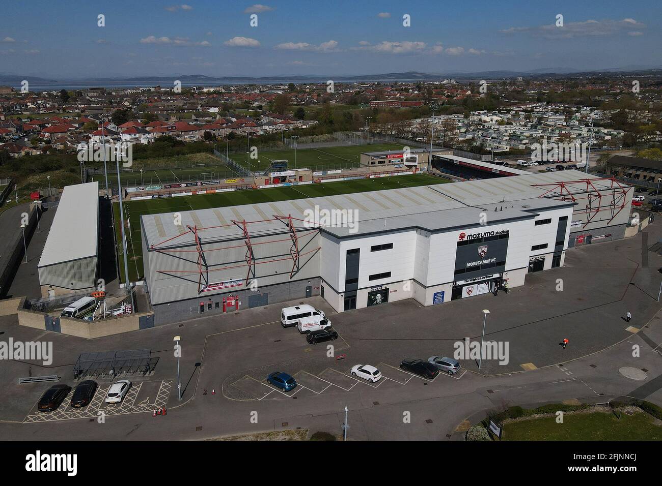 Una vista aerea del Mazuma Stadium, Morecambe, Regno Unito Foto Stock