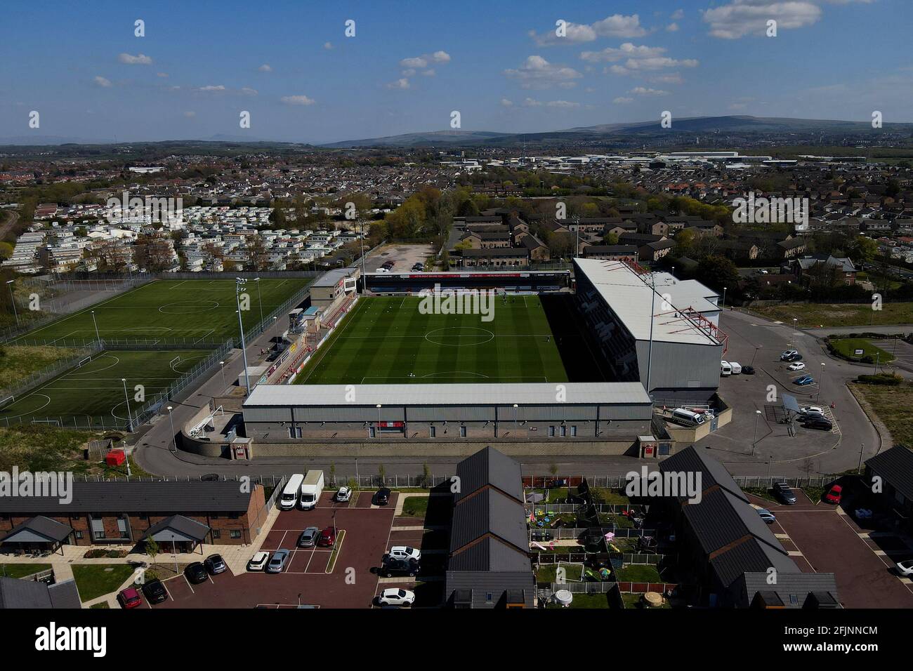 Una vista aerea del Mazuma Stadium, Morecambe, Regno Unito Foto Stock